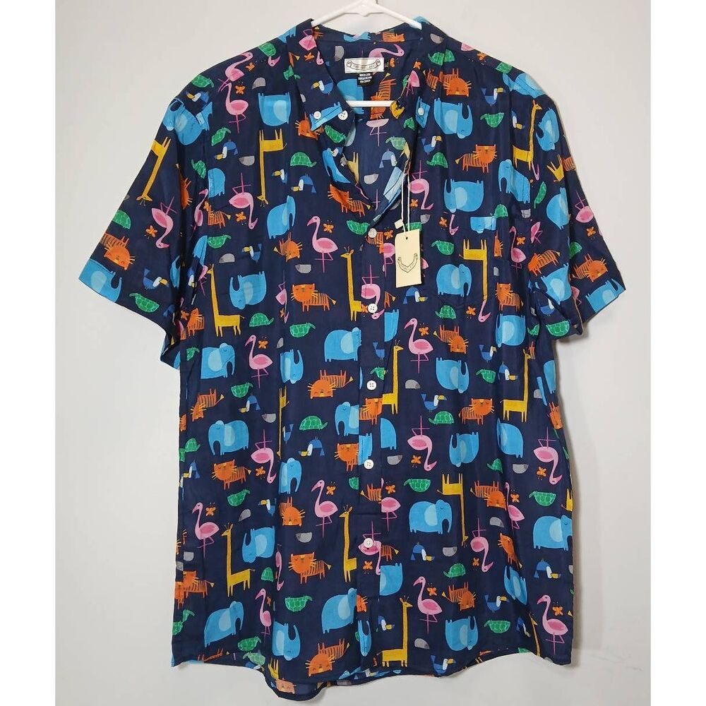 Oxford lads mens xl elephant print shirt silk cotton lightweight shortsleeve